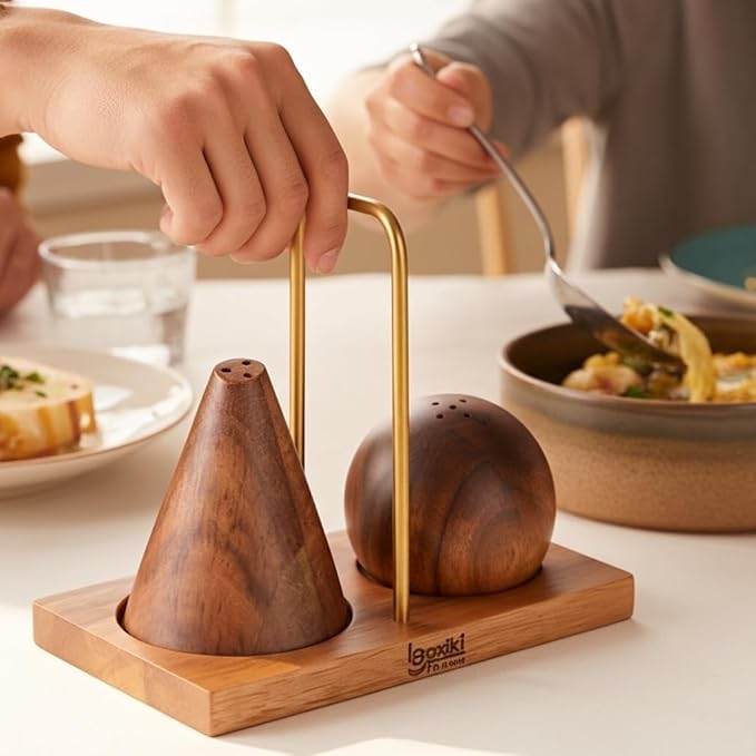 Acacia Wood Salt and Pepper Shaker Set – 2-Piece with Storage Base and Titanium Handle – Elegant Wooden Spice Holder for Kitchen and Dining Table
