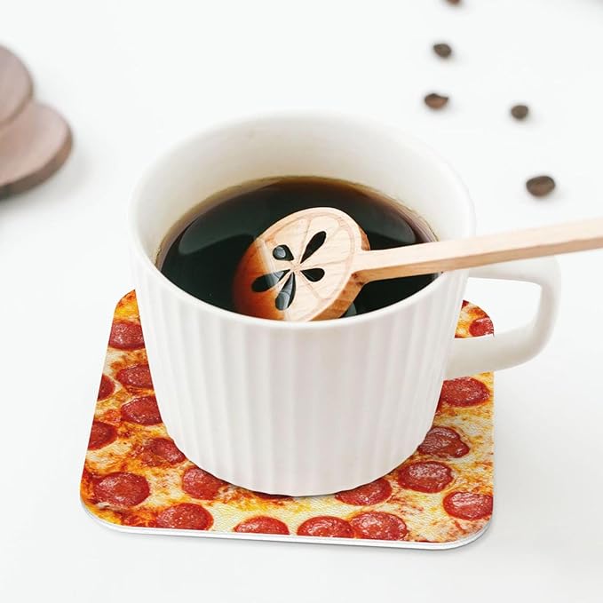 Marble Coasters Square Leather Drinks Coaster Set with Holder for Coffee Table Bar Home Decor 4 Inches Set of 6 (Pizza, One Size)