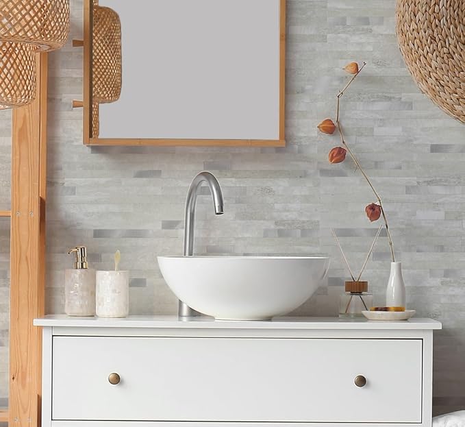 Yipscazo 10 Sheets Peel and Stick Stone Metal Backsplash, PVC Wall Tiles Stick on Tiles for Backsplash Kitchen, Bathroom, Laundry Room, Camper, Fireplace (6'' X 12'', Gray Beige)