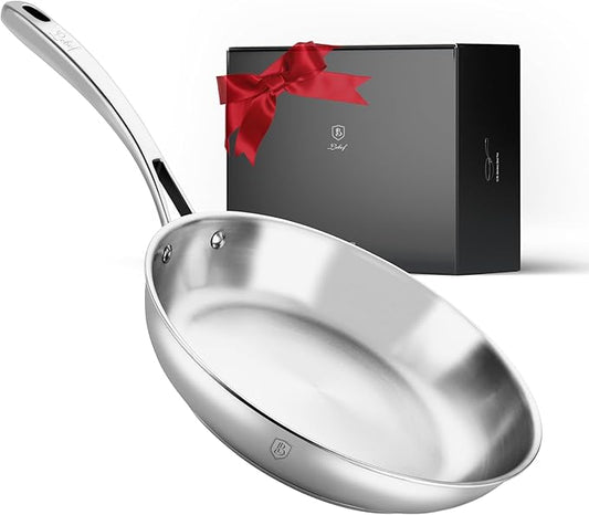 12 Inch Stainless Steel Pan, 5-Ply Clad Base 800℉ Safe Stainless Steel Frying Pan for Even Heating, Premium Cookware for Induction, Gas, Electric&Oven