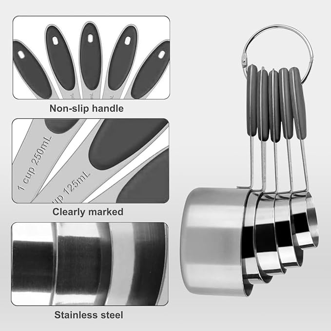 Measuring Cups and Spoons Set, Set of 10 Stainless Steel Measuring Cups and Spoons, with Silicone Handles, Stackable, Easy to Store for Kitchen, Cooking, Baking (Black)