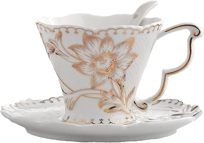 Teacup and Saucer and Spoon Sets，Vintage Bone China Tea Cups，Rose Teacup，Rose Flower Set 6.8 Oz，Euro Style Bone China Tea Cups and Saucers Set for Tea Party Christmas Gifts (Golden)