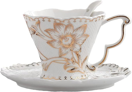 Teacup and Saucer and Spoon Sets，Vintage Bone China Tea Cups，Rose Teacup，Rose Flower Set 6.8 Oz，Euro Style Bone China Tea Cups and Saucers Set for Tea Party Christmas Gifts (Golden)