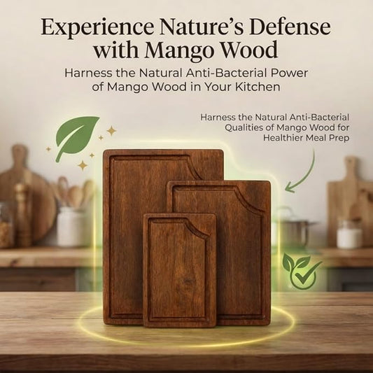 3-Piece Wooden Cutting Board Set with Juice Grooves, Mango Wood Chopping Boards for Kitchen Prep and Charcuterie Serving, Eco Friendly Multi Size Cutting Boards with Built-in Handles (Natural)
