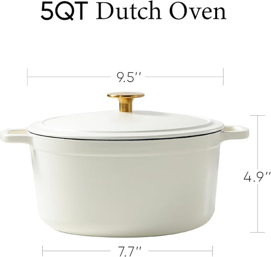 CAROTE 5QT Enameled Cast Iron Dutch Oven Pot with Lid, Heavy-Duty Dutch Oven for Sourdough Bread Baking, Braising, Stews, Roasting, Healthy & Non-Toxic, Dual Handles, All Stovetop Compatible, Oven Safe up to 500° F, Cream White