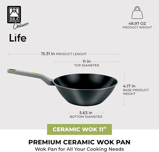 BRA COOKWARE Life Ceramic Nonstick Wok | 11 Inch 6.6 Quart Recycled Aluminum Stir-Fry Skillet | Ceramic Nonstick Deep Fry Pan | PFOA Free Asian Cooking Skillet | All Cooktops Flat Bottom Wok