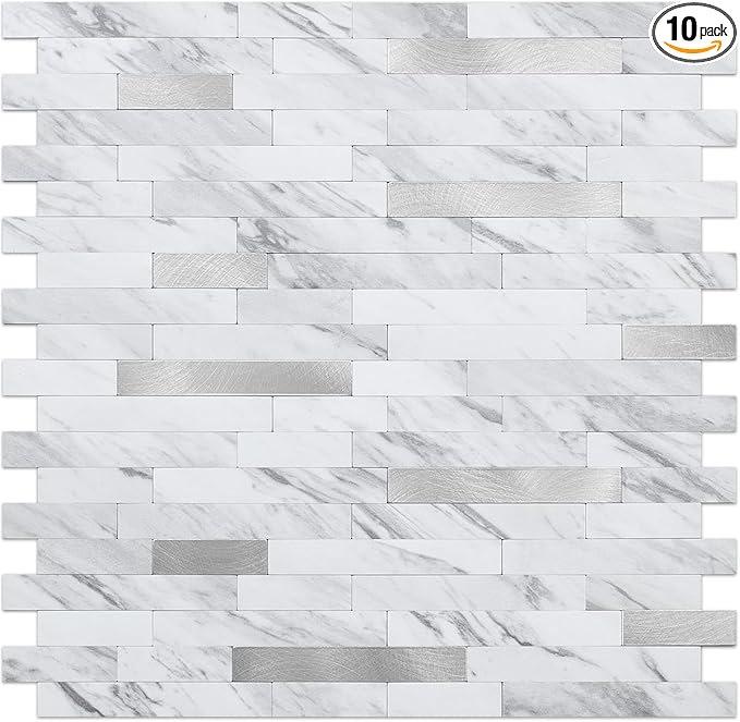 DICOFUN 10 Sheets Marble Look Peel and Stick Backsplash Wall Tile, PVC Kitchen Backsplash Peel and Stick in White, 9.4 sq.ft