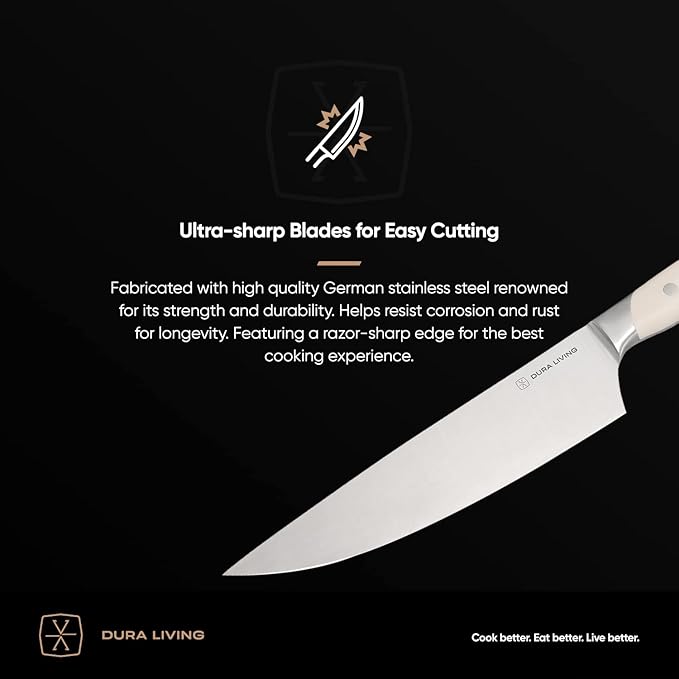 DURA LIVING 7-Inch Santoku Knife – Ultra-Sharp German High Carbon Stainless Steel, Full Tang, Ergonomic Handle, Multipurpose Kitchen Knife for Chopping, Slicing, and Dicing, Cream