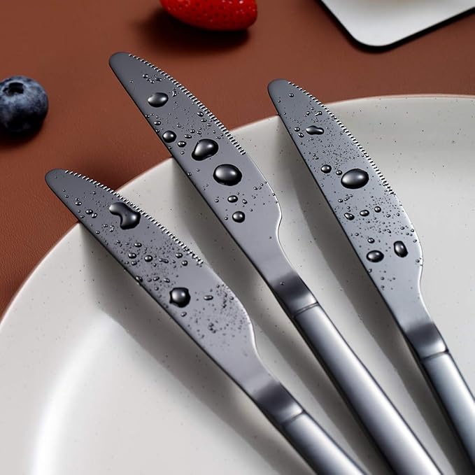 Berglander Black Dinner Knives Set Of 4, Titanium Shiny Black Plating Stainless Steel Dinner Knife, Butter Knife Table Knives Dishwasher Safe