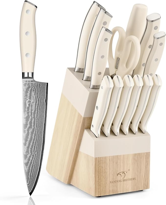 NANFANG BROTHERS Damascus Kitchen Knife Set 14 Pieces with Shears & Sharpener - VG10 High Carbon Steel, ABS Ergonomic Handle, Wooden Block Storage White