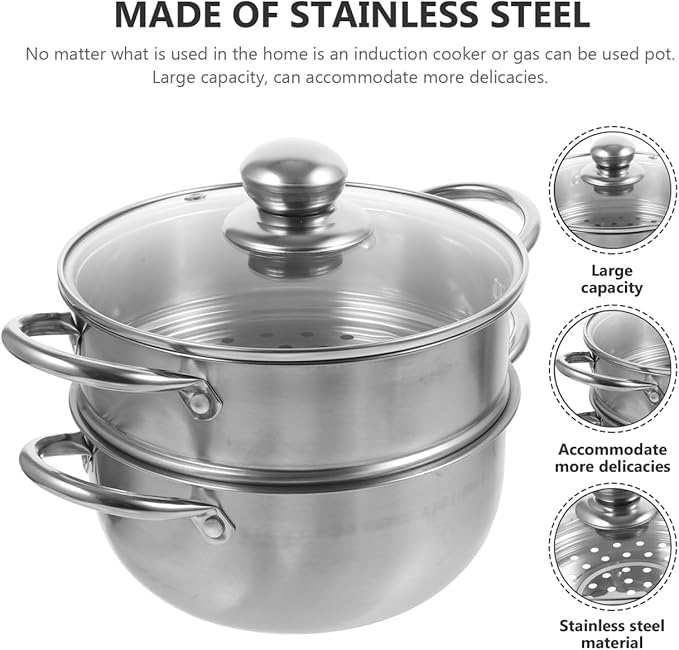 YARNOW Stainless Steel Steamer Pot 9.44 Inch Double Layer Large Capacity Cooking Pot Compatible with Gas and Induction Stove Kitchen Steamer for Healthy Meal Preparation