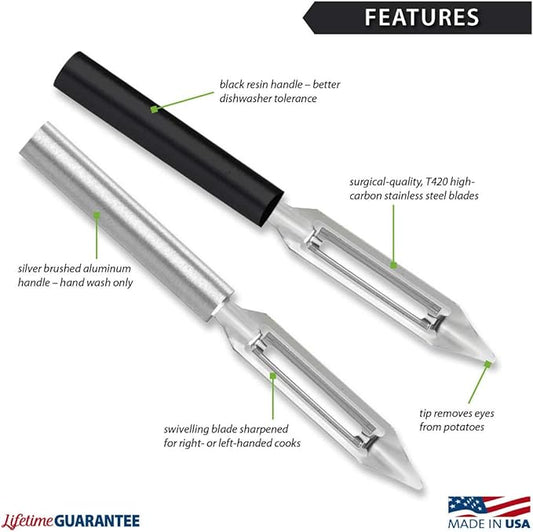 Rada Cutlery Vegetable Peeler (W232), 1.75" Stainless Steel Swiveling Blade, Black Handle