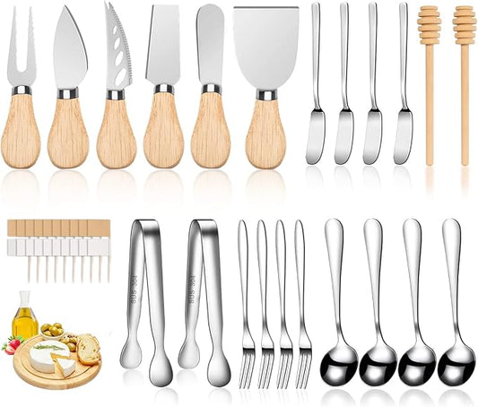 Charcuterie Board Accessories Wooden Cheese Spreader Knive Set, Wood Handle Butter knives For Cheese Kit, Mini Cheese Knife Slicer With Tongs, Spoons, Forks,Honey Dipper (23 Pack)