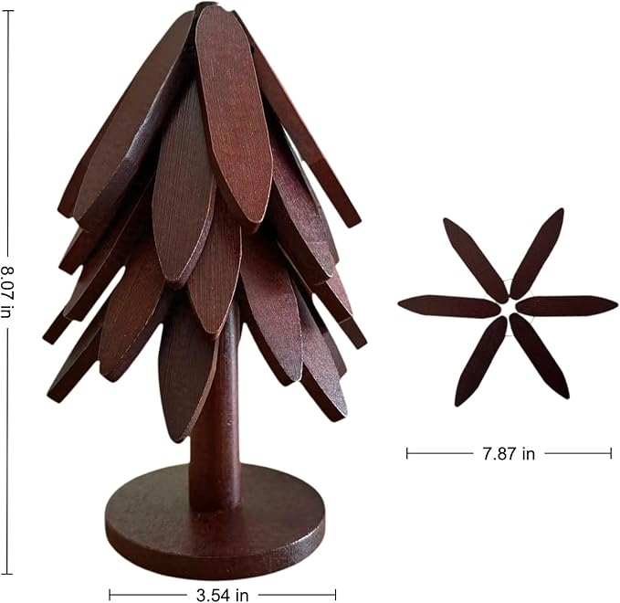 Tree Shape Trivet Set,Natural Wooden Walnut Color,5 Wooden Trivets + 1 Stand for Hot POTS、Bowls、Hot Dishes、Teapot，Foldable Kitchen Decor.