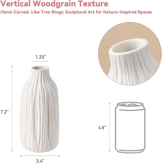 White Matte Ceramic Flower Vase - Woodgrain Sculptural with Vertical Texture, 7.2" Unique Vase for Pampas Grass/Centerpieces, Decorative Farmhouse Vase for Living Room/Office,Ideal Gift for Minimalist