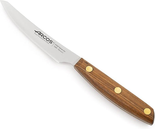 Arcos Steak Knife 4 Inch Stainless Steel. Kitchen Knife for Fish, Meat and Vegetables. Ovengkol Wood Handle 100% natural FSC and 100mm Blade. Series Nordika. Color Brown.