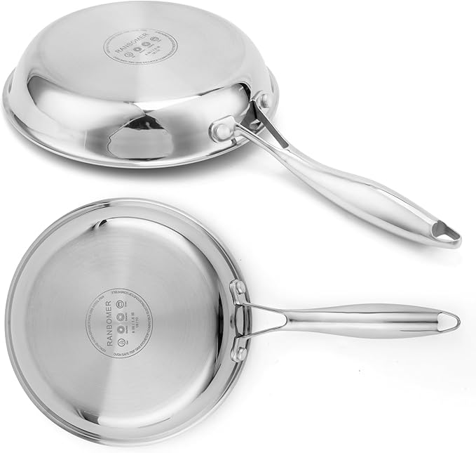 Ranbomer Stainless Steel Pan 8 Inch，Non-Toxic PFAS, PFOA & PTFE Free, Compatible With All Cooktops & Induction Safe, Oven Safe Pan for Searing & Sautéing, Long Lasting Cookware. (8 Inch)