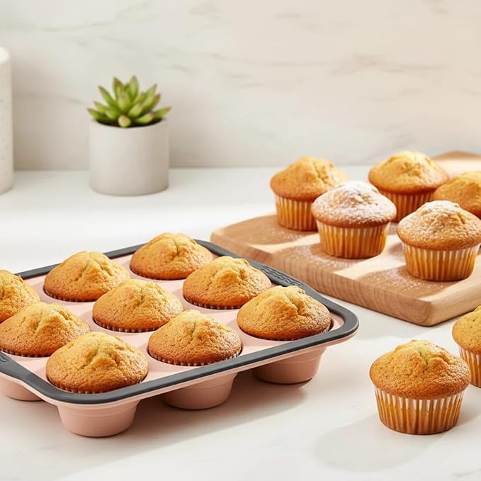 YiYeraio Silicone Muffin Pans for Baking with Metal Frame, 12 Cup Silicone Muffin Pan, Nonstick Cupcake Pan, BPA Free Muffin Tins Easy to Pop Cupcake Baking Pan Molds for Oven Dishwasher Safe Pink