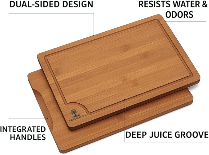 Forestroot Bamboo Cutting Board Set – 3-Piece Wooden Kitchen Boards for Meal Prep & Serving – Durable Bamboo with Deep Juice Groove & Side Handles – Great for Meat, Vegetables & Charcuterie(Brown)