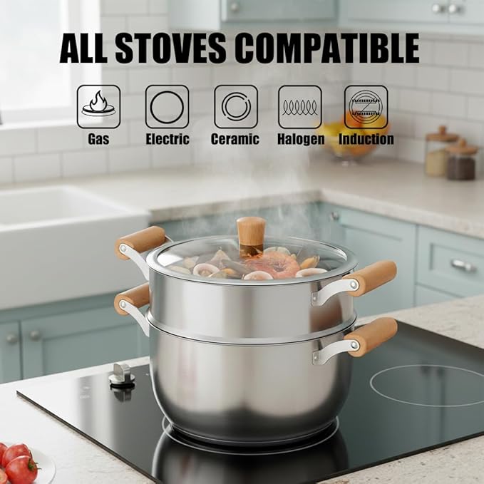 Chuleno 3.3QT Steamer for Cooking - Stainless Steel Steaming Pot with Steamer Basket for Vegetable, Dumpling, Soup, Pasta, Seafood – Induction Compatible, Transparent Glass Lid & Wooden Handle for Safe Cool Touch Cooking – As Christmas Gift for Family