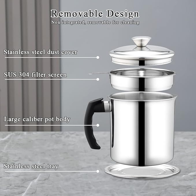 Berglander Bacon Grease Container With Strainer 47oz/1.4L, Stainless Steel Oil Storage Container with Fine Mesh Strainer Dust-proof for Storing Frying Oil and Cooking Fat, Cooker Accessories