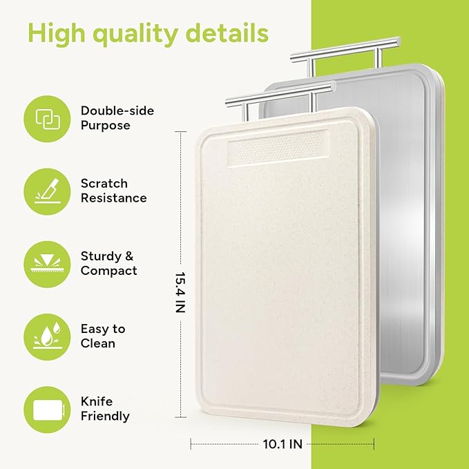 SOLMIO Stainless Steel Cutting Board for Kitchen, Double-Sided Chopping Board with Drip Groove, Food Grade Metal/Wheat Straw PP, Non Toxic Cutting Boards Scratch Resistant Dishwasher Safe