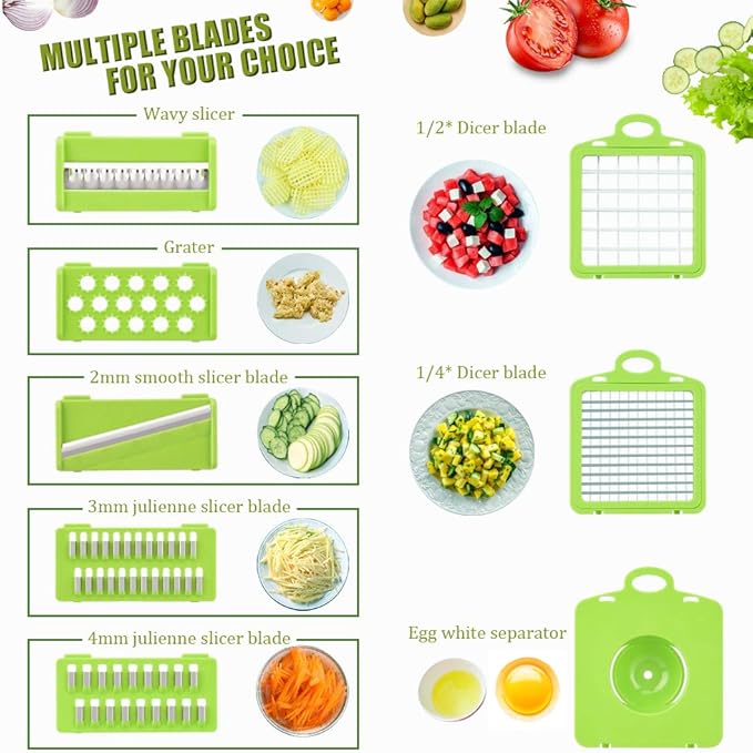 Vegetable Chopper Creator-Top Onion Chopper Dicer Mandoline Slicer Cutter Pro Food Chopper Slicer Durable Veggie Cutter with Large Container Drain Basket and 8 Blades for Tomato Potato Carrot