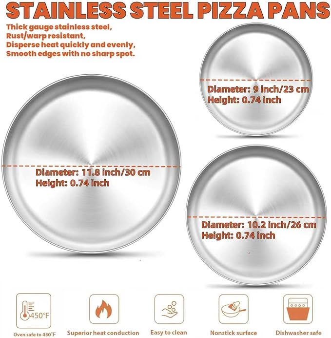 3Pack Stainless Steel Pizza Pan for Oven Personal Pizza Pans, 9 Inch, 10 Inch, 12 Inch Stainless Steel Pizza Pan Set, 3 Sizes Round Pizza Baking Pan for Pizza Cookies, Non-toxic and Durable,Oven Safe