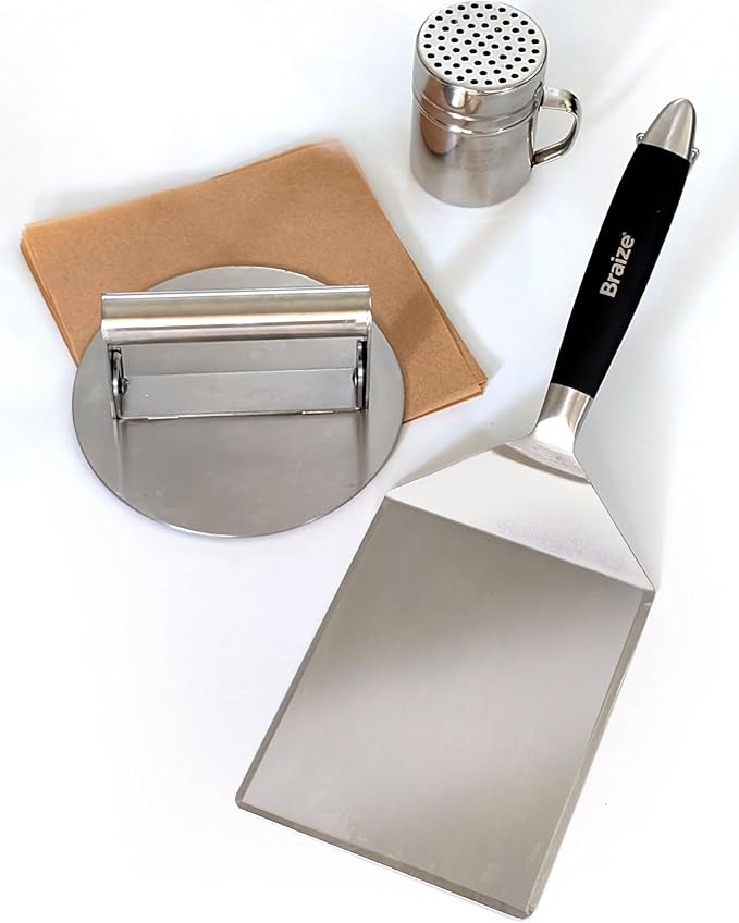 Smash Burger Press Kit – 6.5 Inch Stainless Steel Hamburger Smasher Tool – Heavy Duty Grill Press for Flat Top Griddles and Cast Iron Pans – Perfect for Crispy Smashed Burger Patty – Shaker Set