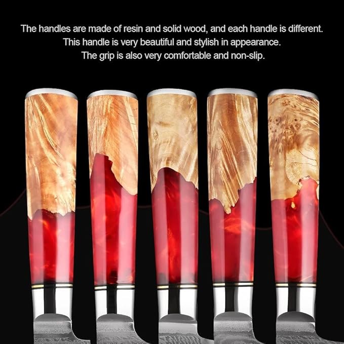 Epicurean Cook Damascus Kitchen Knife Set with VG10 Steel - 8-Piece Japanese Damascus Knife Set for Professional Performance - Ultra Sharp Chef Knives with Burl Wood Red Resin Handles