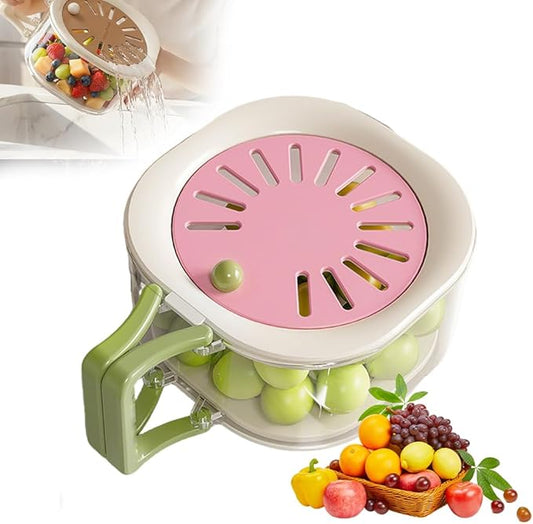 2-in-1 Draining and Preservation Basket,Multifunctional Fruit and Vegetable Washing Bowl with Handle Fruit Strainer Container and Lid for Kitchen Fridge Outdoor Picnic Camping (Pink)