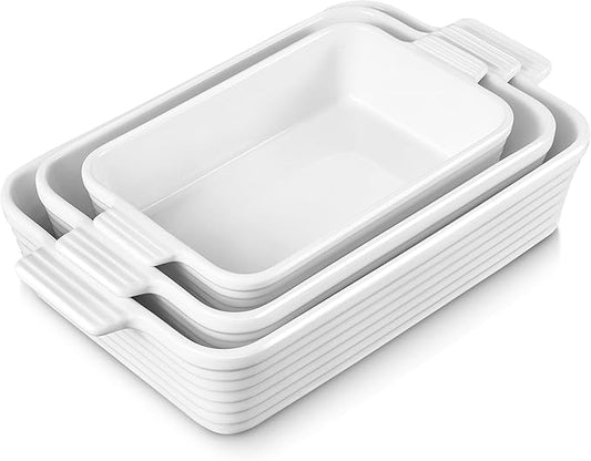 Jassceram Casserole Dishes for Oven, 3-Piece Ceramic Baking Dish Set, Rectangular Lasagna Pan Deep with Handles, Nesting Bakeware for Baking & Roasting, Oven Safe (9.6 to 13.1 Inch), White