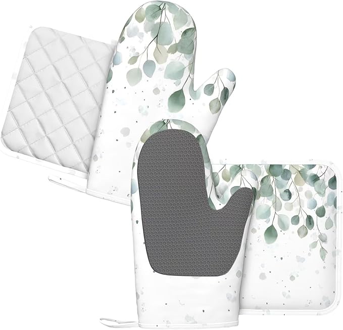 Sage Green Eucalyptus Silicone Oven Mitts and Pot Holders Sets Watercolor Leaves Kitchen Mitts Potholder Kitchen Accessories for Cooking Baking BBQ