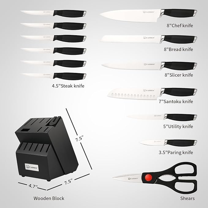 15-Piece Knife Set, German Steel, Durable and Dishwasher Safe, Ergonomic Handle Knife Block set with Built-in Sharpener for Chopping, Slicing, Dicing&Cutting Black