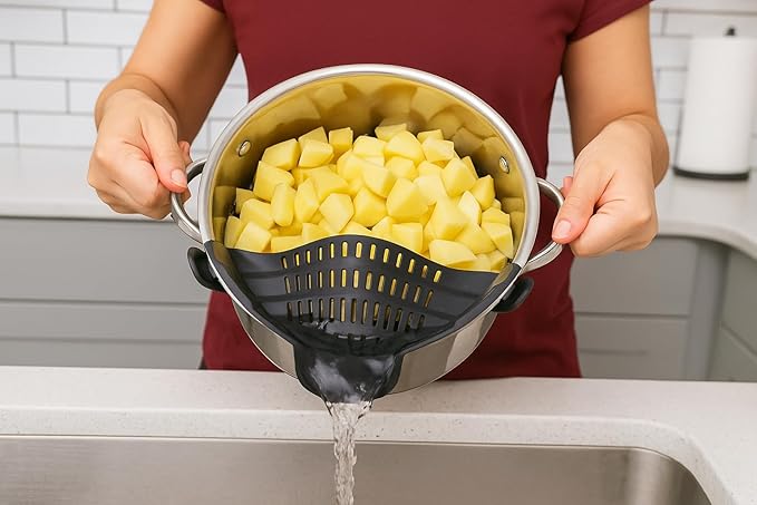 Clip on Strainer Silicone for All Pots and Pans, Colander, Pot Strainer for Pasta, Meat, Vegetables, Space Saving Design, Food-Safe, with Collapsible Funnel, Garlic Peeler, 3 Pack (Black)