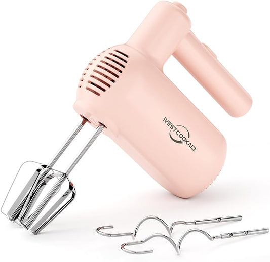 Hand Mixer Electric, 5 Speed Hand Mixer Electric Handheld with Turbo, WESTCOOKAID Lightweight Stainless Steel Beaters, Dough Hooks, Blending or Cooking (Pink)