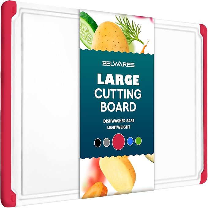 Large Kitchen Plastic Cutting Board - Dishwasher Safe Non-Slip Cutting Boards with Juice Grooves, Easy Grip Handles - Large and Thick Chopping Board Red