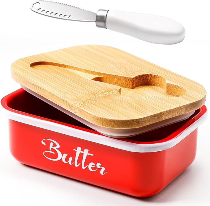 Butter Dish, Butter Dish with Lid for Countertop,Metal Butter Keeper with Stainless Steel Multipurpose Butter Knife, Large Butter Container with quality Silicone Good Kitchen Gift,Red