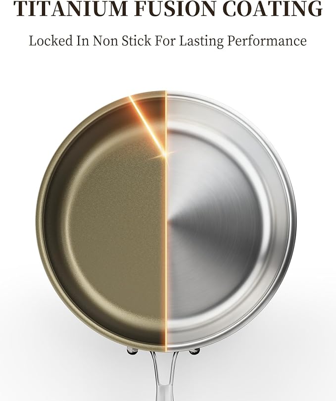 Abijan 11inch Stainless Steel Pan, Non stick frying pan, 3-Ply Titanium pan, Induction cooking pan, Nonstick Omelette Skillet, PFOA/PFAS/PTFE Free, Compatible with All Cooktops, Oven Safe, Brown