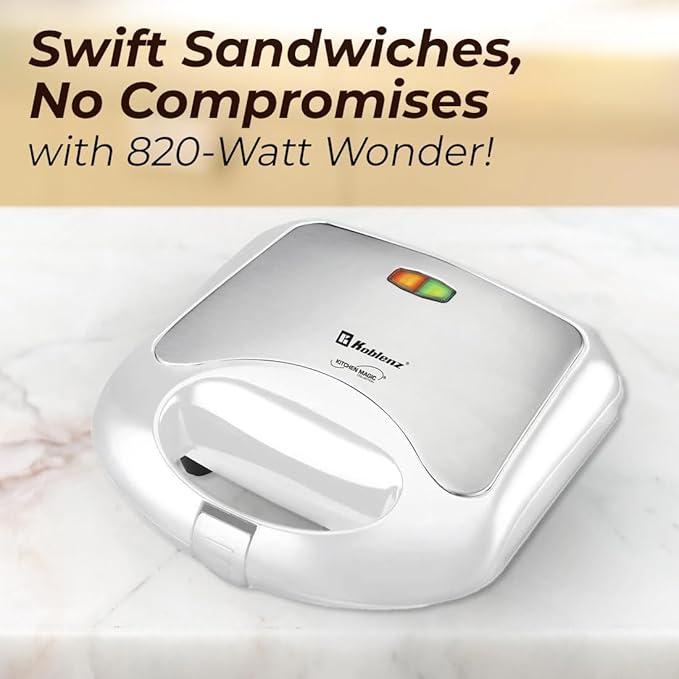 Sandwich Maker, Ideal for Making Sandwiches, Grill Cheeses, French Toast, and More, Non-Stick Sandwich Maker with Automatic Thermostat, 820-Watt Motor, Easy to Clean, White, SKM- 800 B