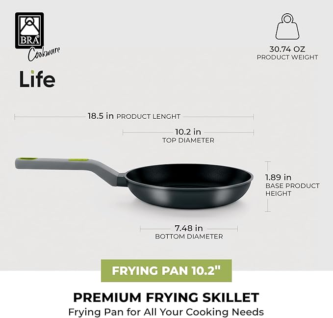 BRA COOKWARE Life Ceramic Nonstick Frying Pan | 10.2 Inch Recycled Cast Aluminum Skillet | Ceramic Non-Stick Fry Pan | PFOA Free Searing Skillet | All Cooktops (incl. Induction) | Soft-Touch Handle