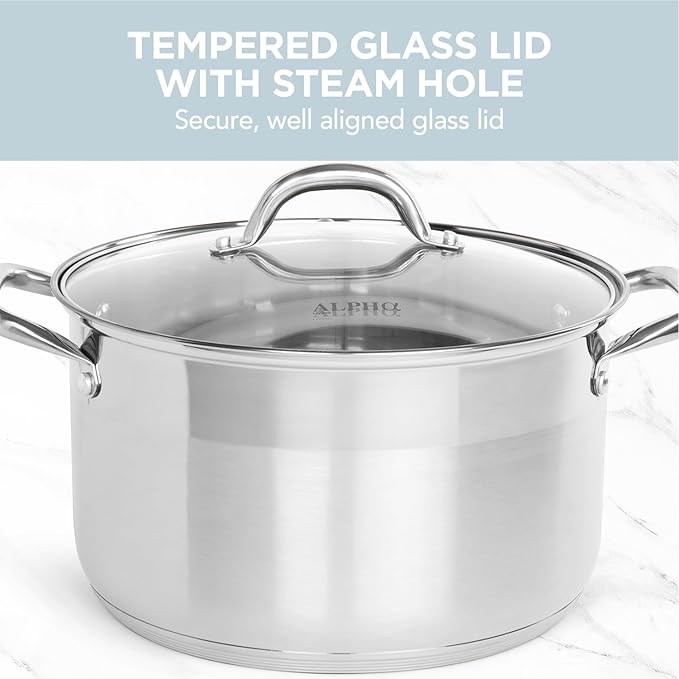 Alpha Living SP-08G Stainless Steel Pot with Capsule Bottom – Induction Compatible 8Qt Pot with Lid – Tri-Ply Ultra-Thick Bottom – Ideal for Spaghetti, Cooking, Canning, Boiling