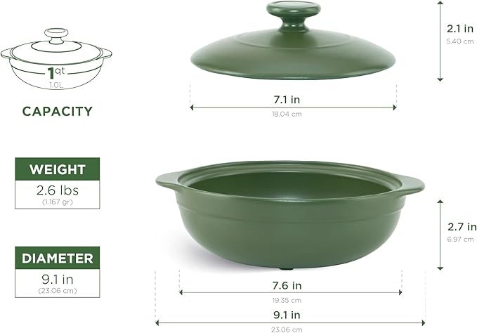 MINH LONG 1-Qt Porcelain Dutch Oven with Lid – Lead & Cadmium Free, Oven Safe to 482°F, Heat Retention, Clay Pot for Cooking on Gas & Infrared Cooktop, Use to Marinate, Cook, Bake, Refrigerate & Serve