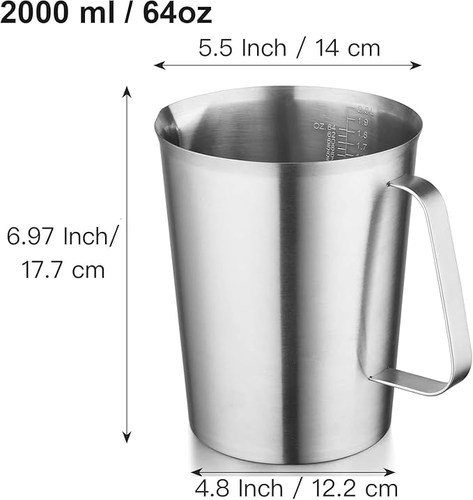 CURTA 18/8 Stainless Steel Measuring Cup with Handle and Pour Lip, Metal Pitcher with Oz and ML marking, 64OZ/2 Liter- 8 Cup), Heavy-Duty Pitcher