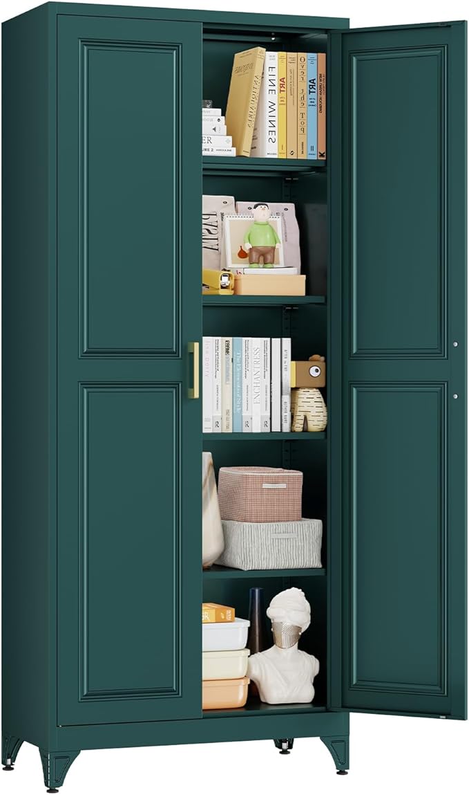 Metal Storage Cabinet with 2 Magnetic Doors and 4 Adjustable Shelves, 74.8" Tall Pantry Garage Cabinets, Modern Tool Storage Cabinet for Home Office, Kitchen, Living Room