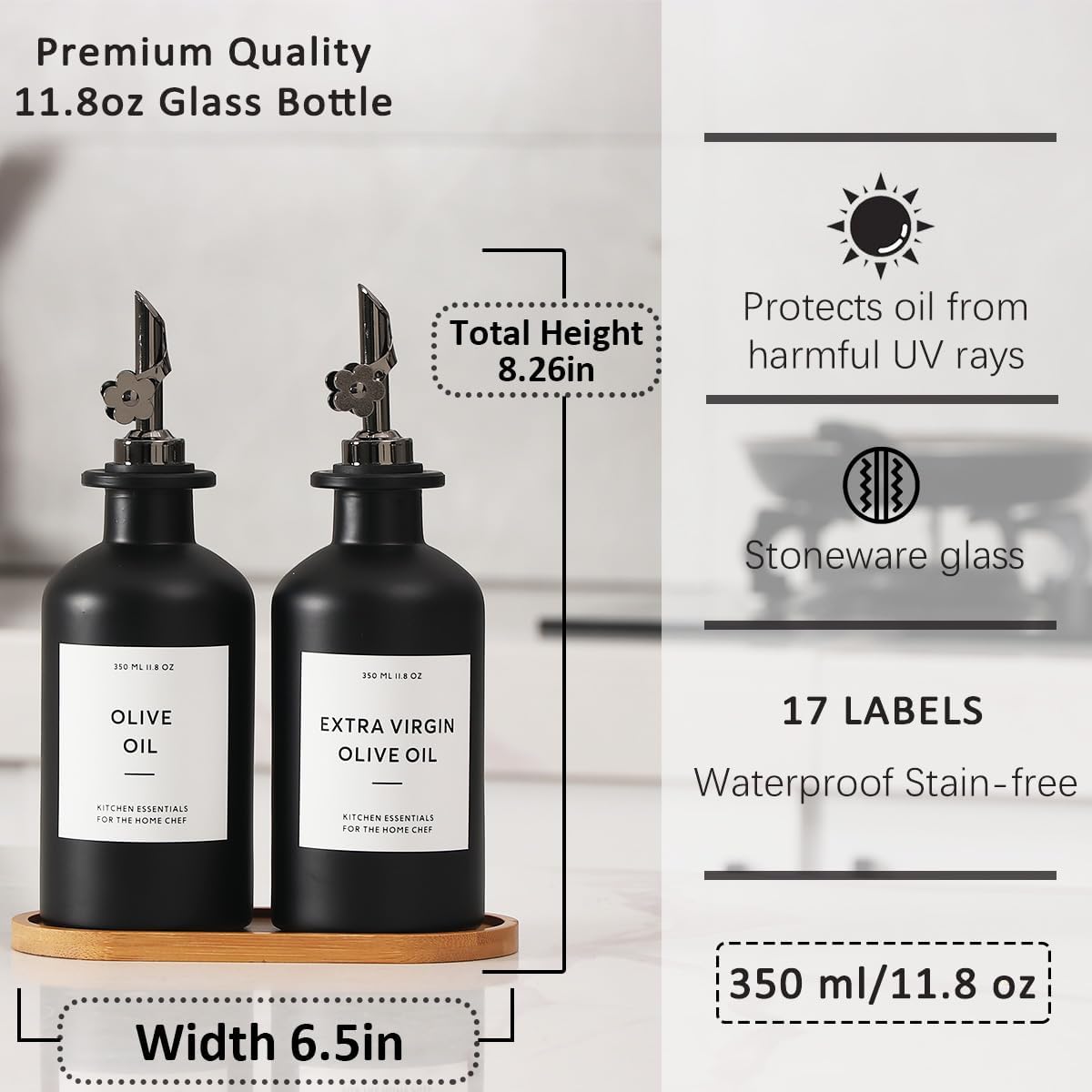 HOMCDALY Olive Oil Dispenser for Kitchen, 11.8oz Glass Kitchen Dispenser Bottle, Black Oil&Vinegar Cruet Set, Leakproof Olive Oil Bottles | Set of 2 (11.8oz – Black) Visit the HOMCDALY Store
