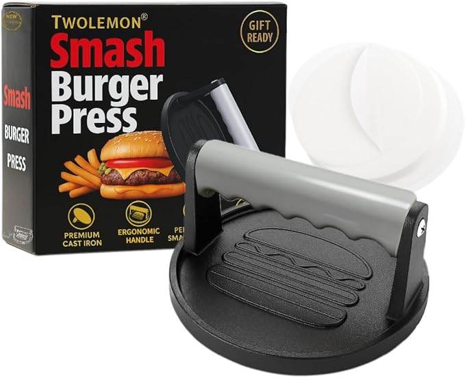 Smash Burger Press 6.7-Inch Round Cast Iron Grill Press with Ergonomic Silicone Handle – Heavy-Duty Bacon with Unique Burger Design for Even Grilling