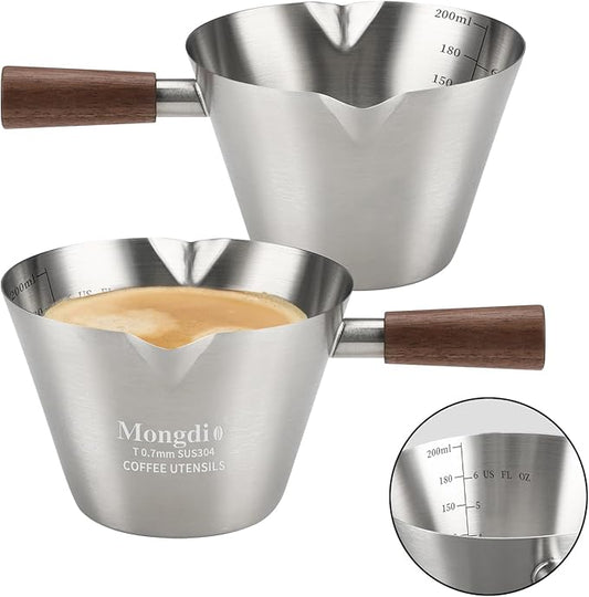 Mongdio 2 Pcs Espresso Measuring Cup, Stainless Steel Espresso Shot Cups with Wooden Handle and Double Spouts, 6.8OZ/200ML, Silver