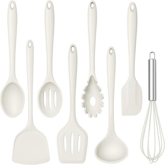 TeamFar 8 PCS Silicone Cooking Utensils - 446°F Heat Resistant Kitchen Silicon Utensils Set, Turner, Spatula, Spoon, Whisk, Kitchen Cooking Gadgets Tools for Nonstick Cookware, Dishwasher Safe-White
