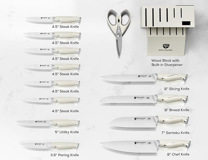 BRODARK Kitchen Knife Sets with Block and Built-in Sharpener - Ultra Sharp15 Pcs Full Tang Professional Chef Knife Set, High Carbon Super Steel Cutlery Set, Ivory Series with Gift Box for Men Women